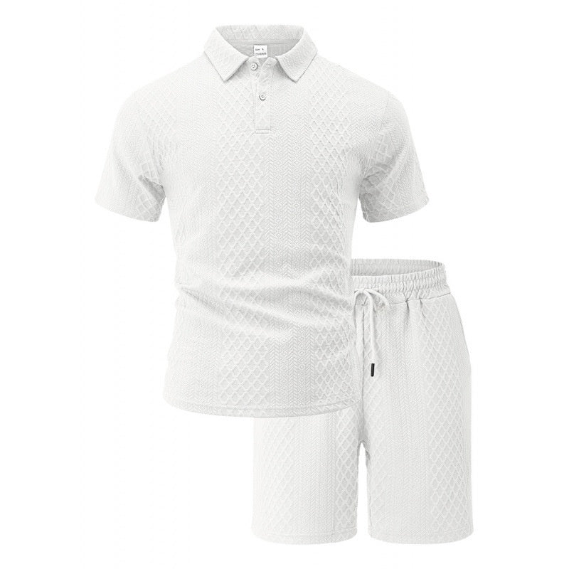 Mens Jacquard Lapel Polo Shirt Shorts Set