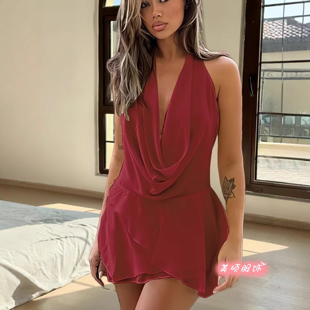 chiffon neck deep V low collar dress