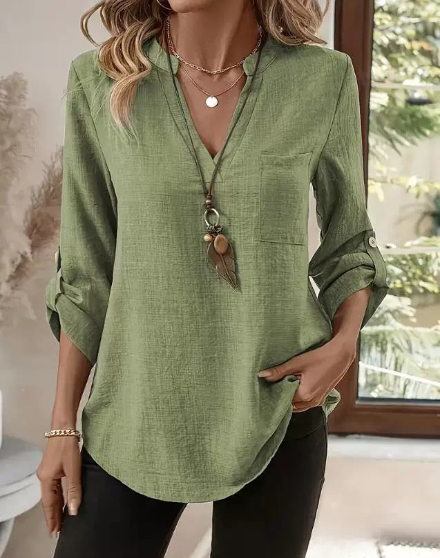 Womens V-neck Linen Blend Shirt