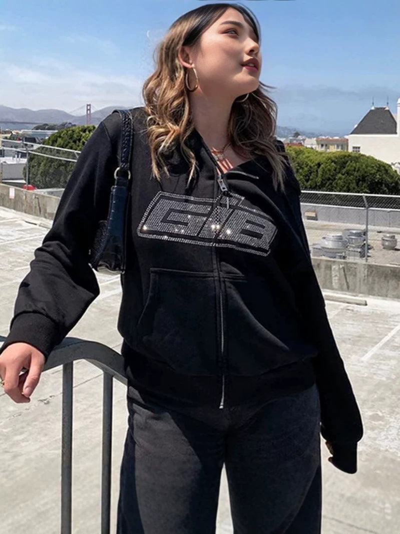 Zip Up Hoodie with Rhinestone Lettering