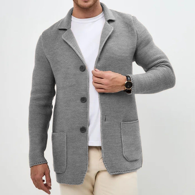 Men Lapel Knit Cardigan Sweater Slim Fit Winter Long Sleeve
