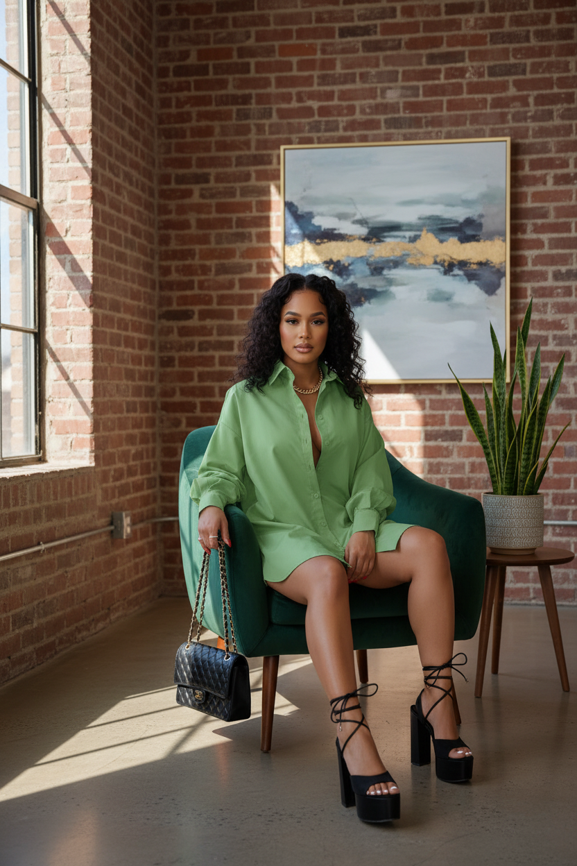 Green Long Sleeve Shirt Dress