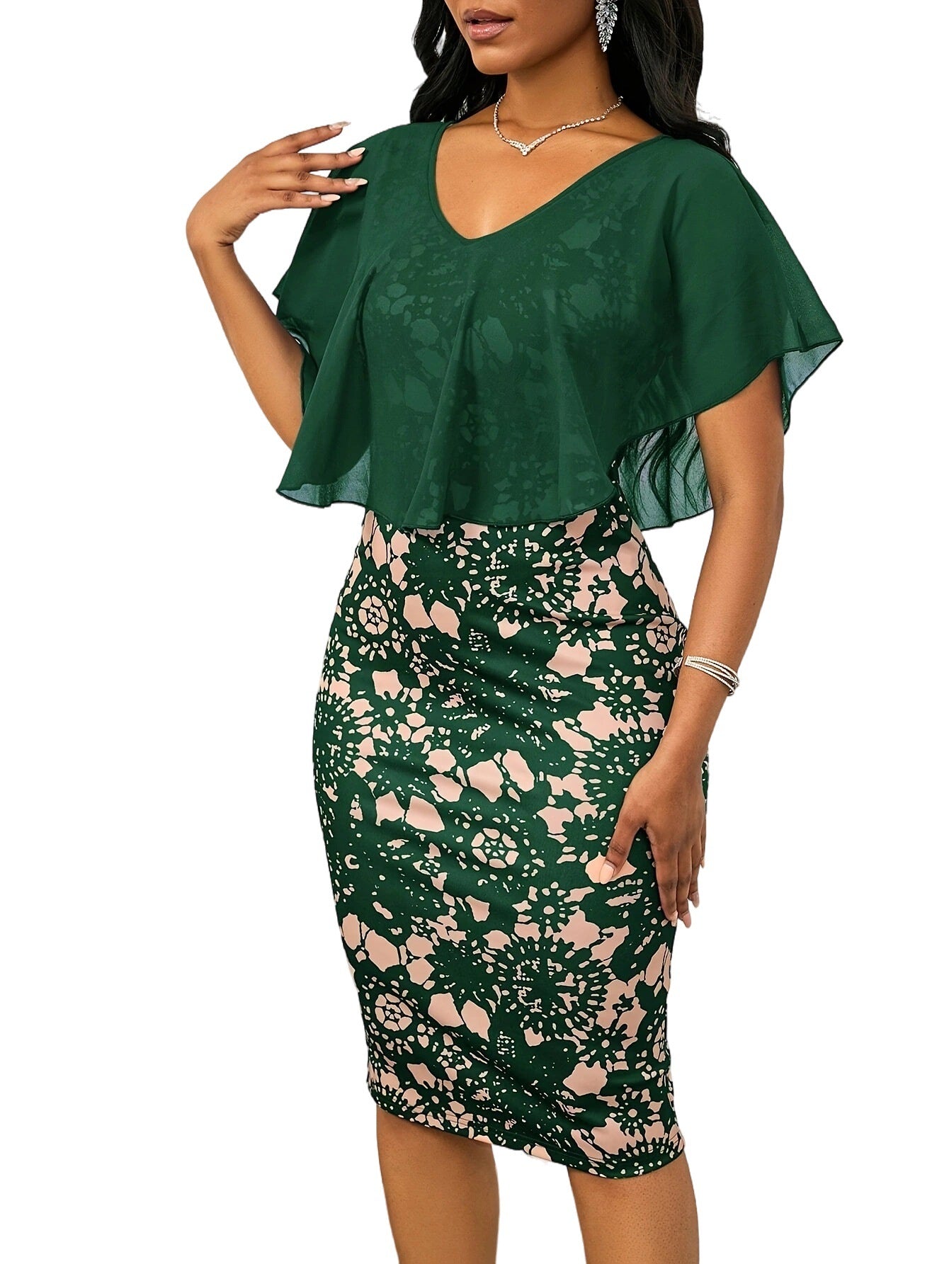 Floral Print V-Neck Chiffon Dress with Back Slit