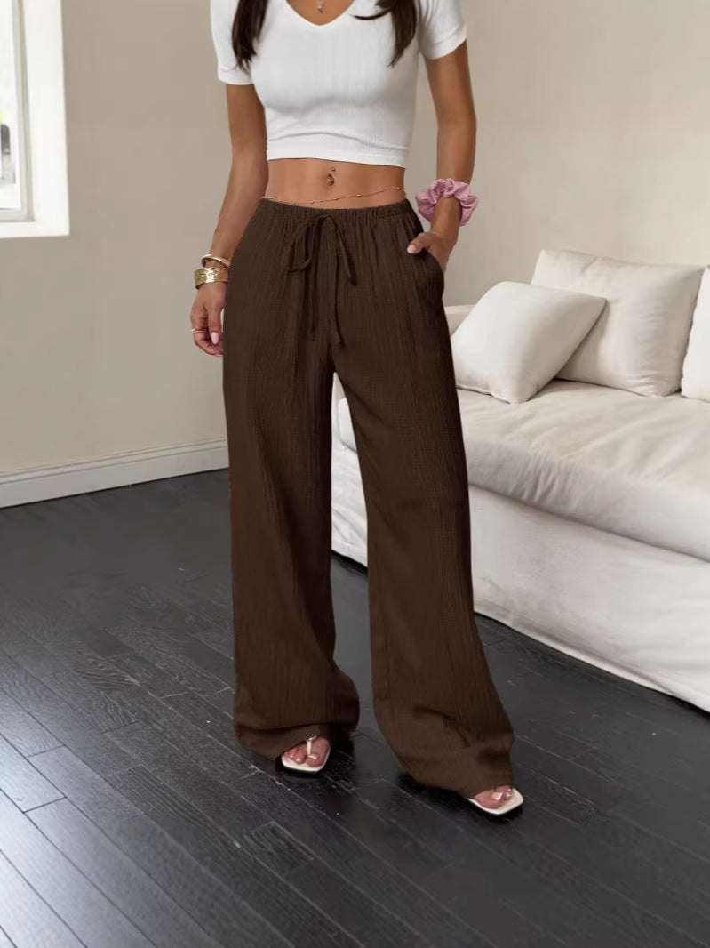 Womens Textured Knotted Waist Wide Leg Pants