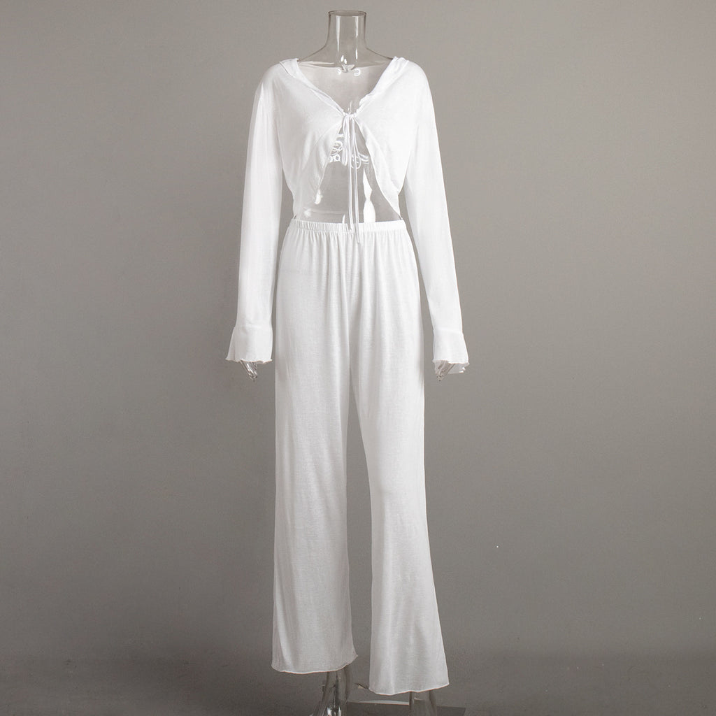 Tie-front long-sleeved long-pants pajamas