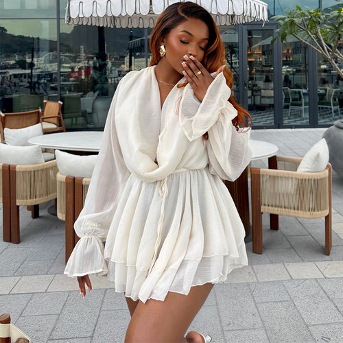 Chiffon Bell Sleeve Dress with Layered Collar