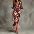 Women V-Neck Slim Fit Printed Fishtail Dress Resort Style