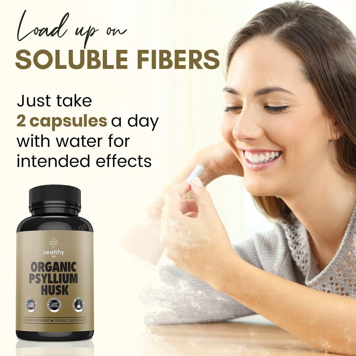 Zealthy Life   Psyllium Husk Capsules All Natural Psyllium Husk Fiber Psyllium Husk Capsule for Gut Health Non GMO & Gluten Free 250 Vegan Capsules   Pack of 2