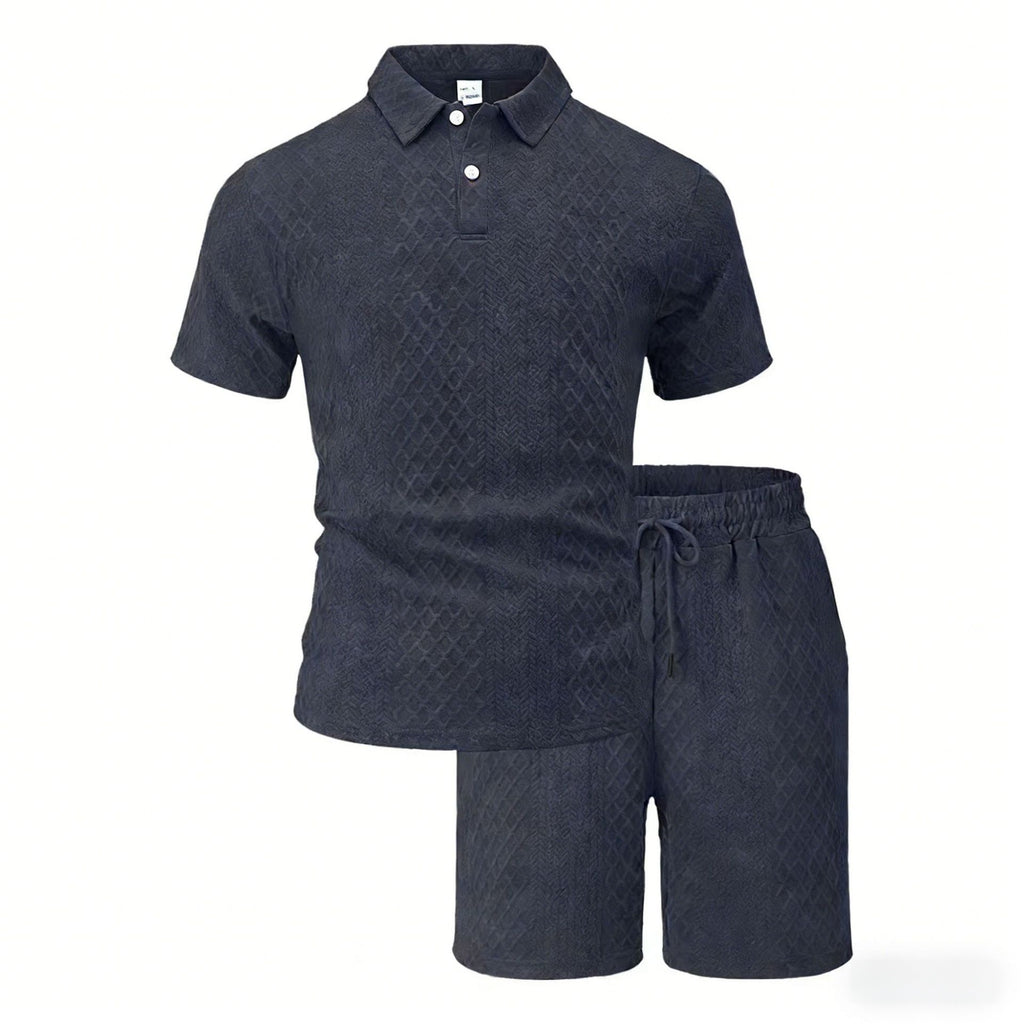 Mens Jacquard Lapel Polo Shirt Shorts Set