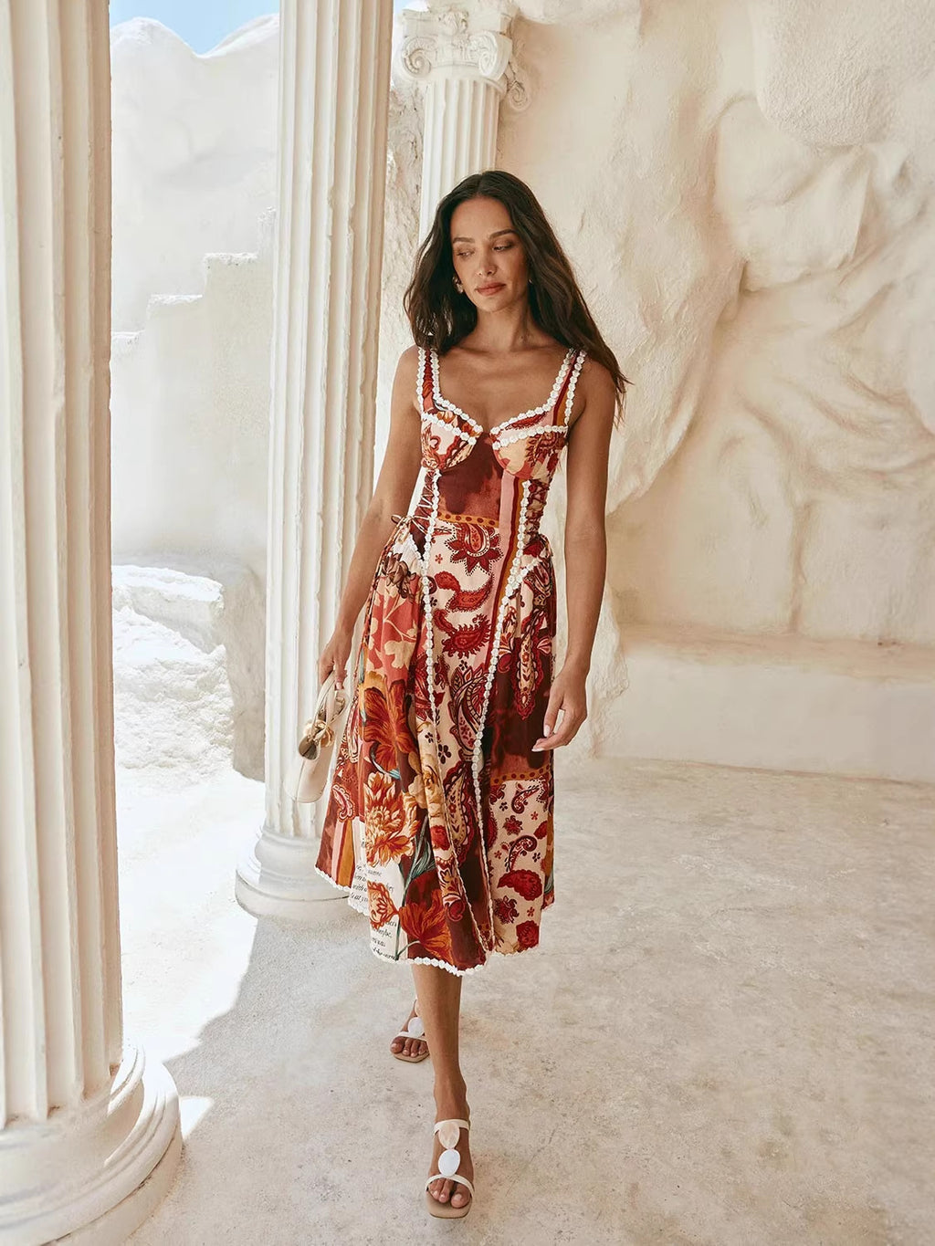 Hemp Blend Patchwork Dress with Spaghetti Straps