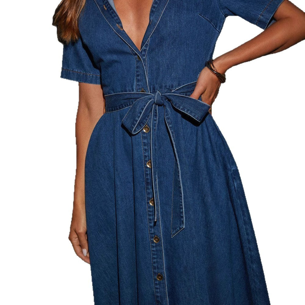 Retro V-Neck Strappy Denim Long Dress