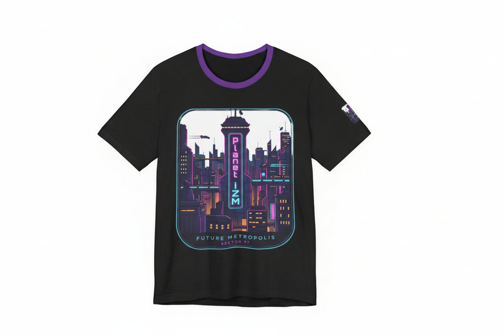 Future Metropolis Tee – Planet 12M Neon Cityscape T‑Shirt
