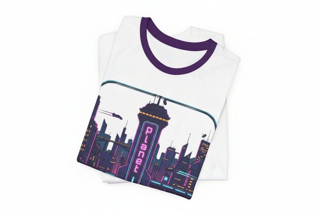 Future Metropolis Tee – Planet 12M Neon Cityscape T‑Shirt