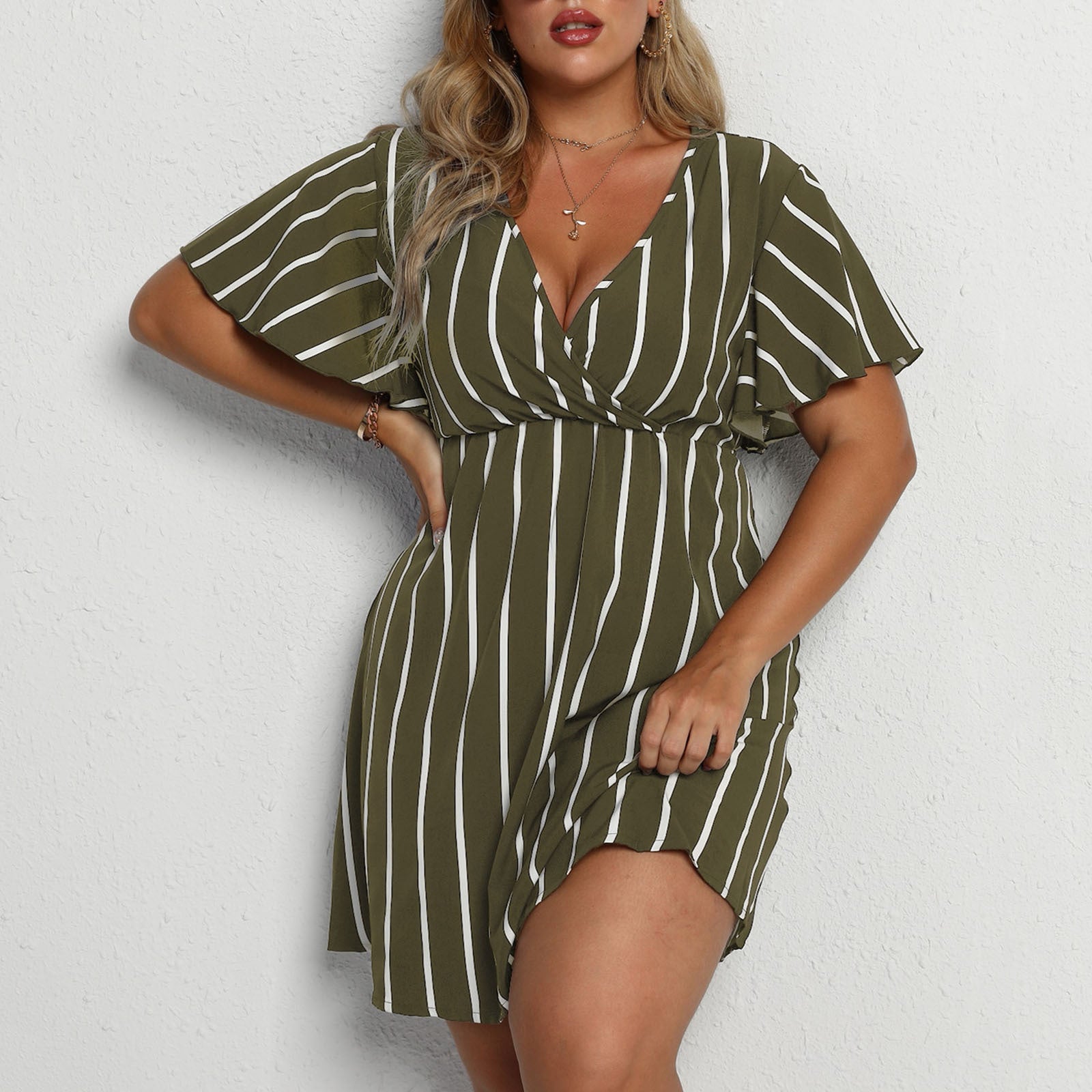 Womens Bohemian Striped V-Neck Short Sleeve Dress
