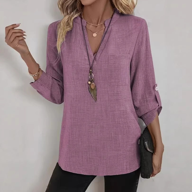 Womens V-neck Linen Blend Shirt