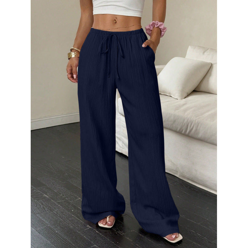 Womens Textured Knotted Waist Wide Leg Pants