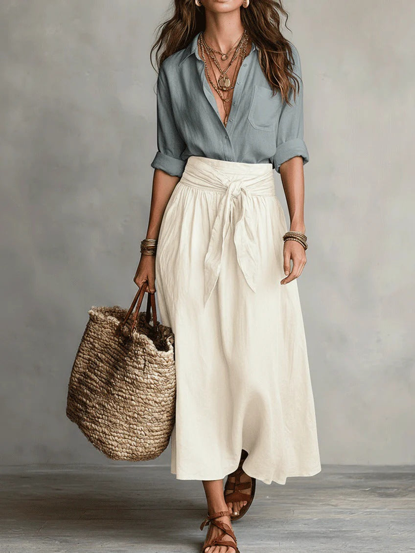 Womens Color-Block Casual Blouse and Skirt Two-Piece Set