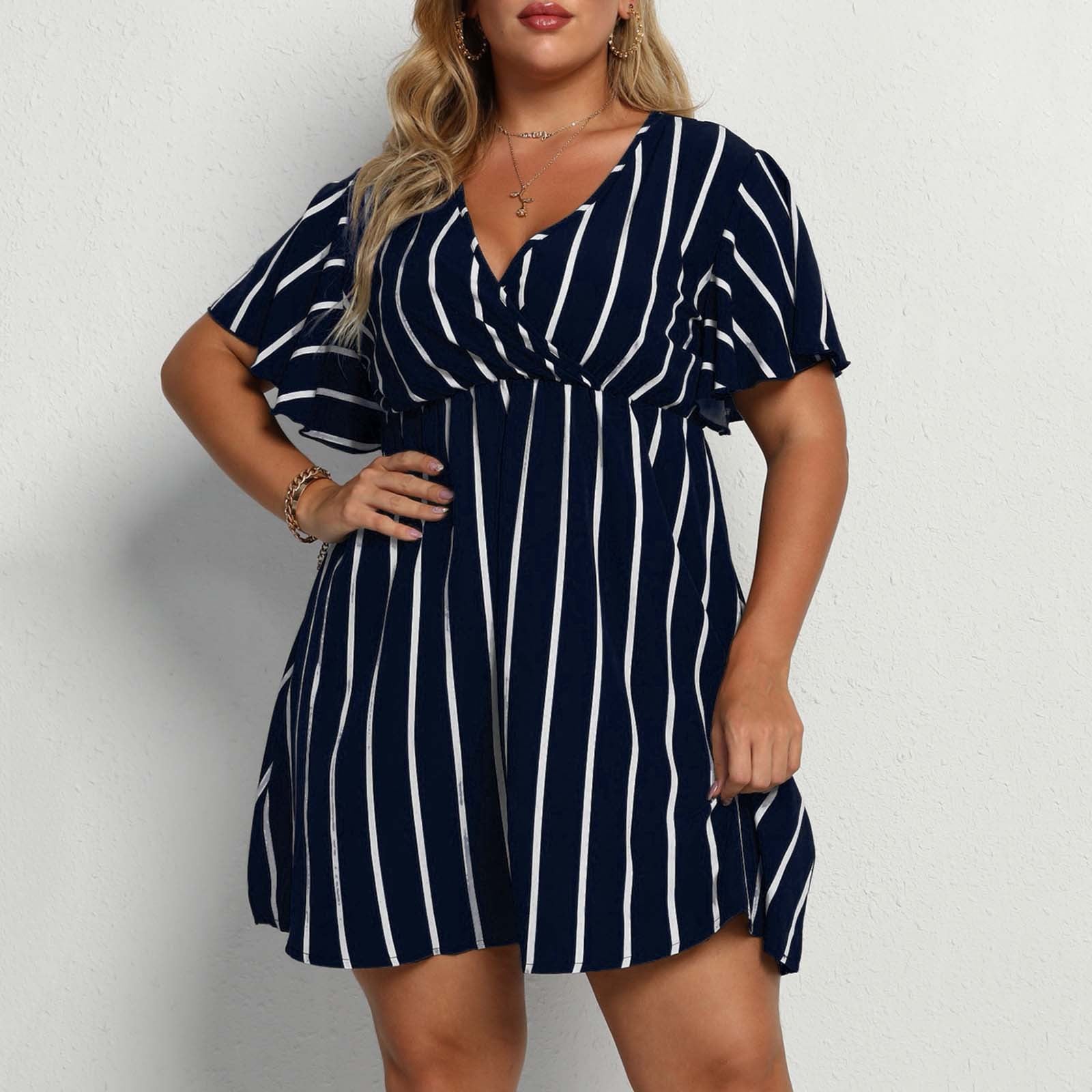 Womens Bohemian Striped V-Neck Short Sleeve Dress