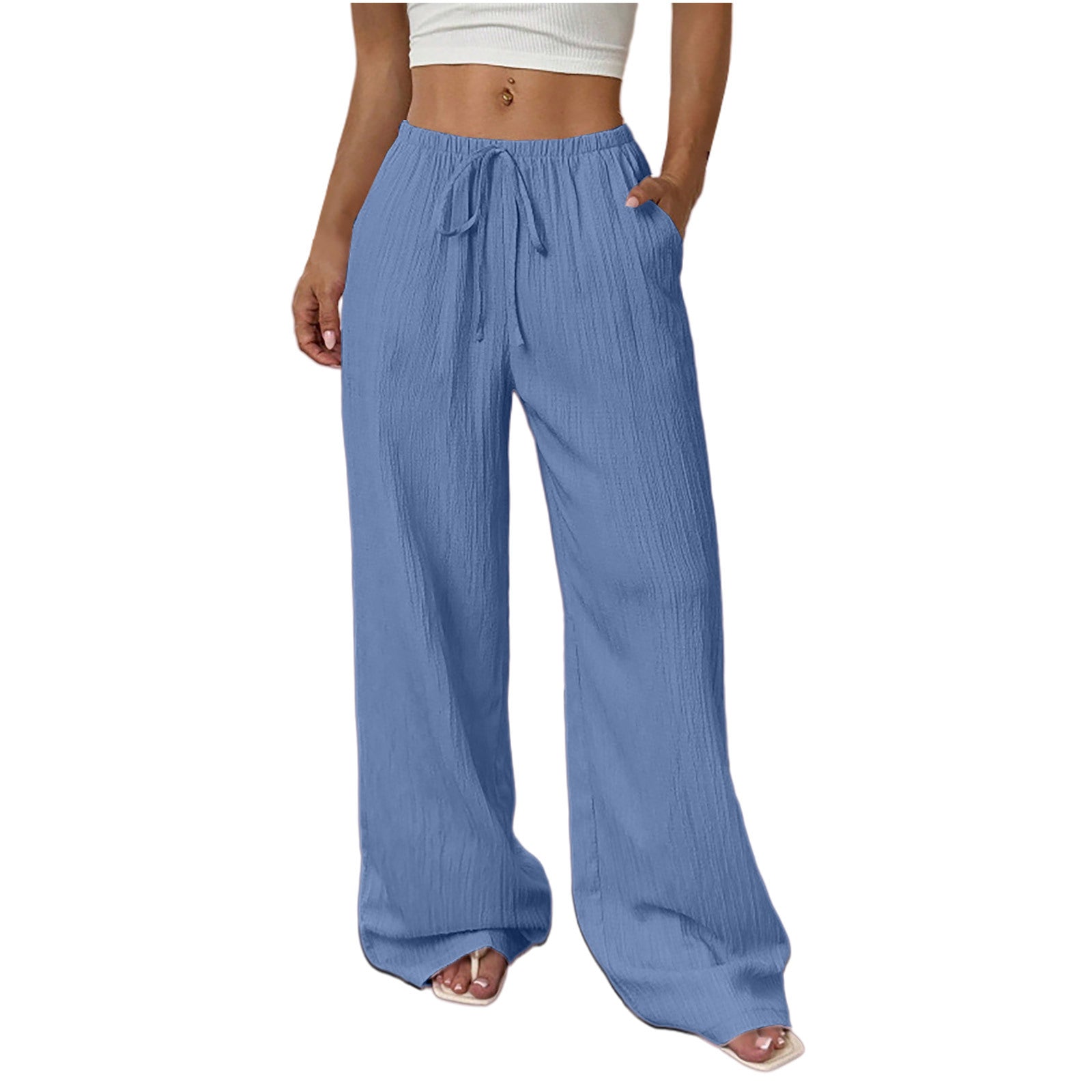 Womens Textured Knotted Waist Wide Leg Pants