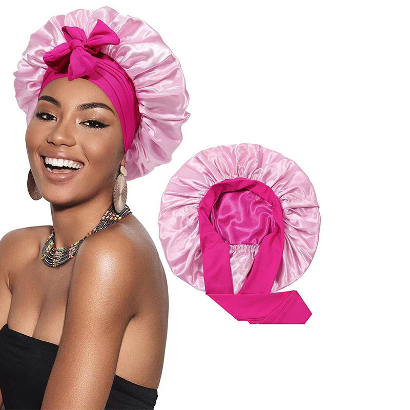 Double-Layer Satin Sleep Cap with Ribbon