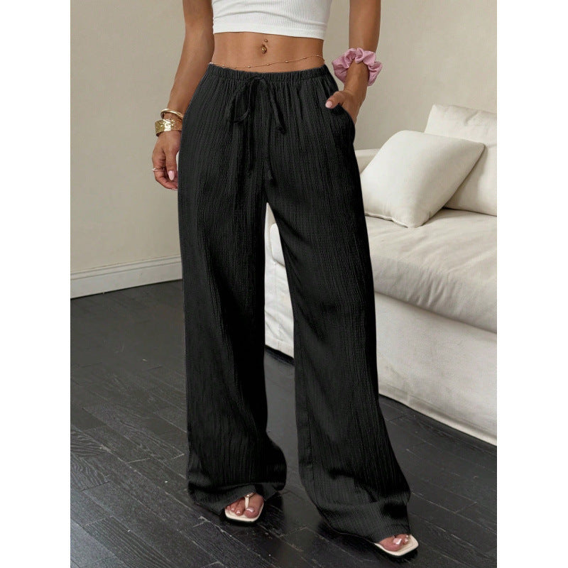 Womens Textured Knotted Waist Wide Leg Pants