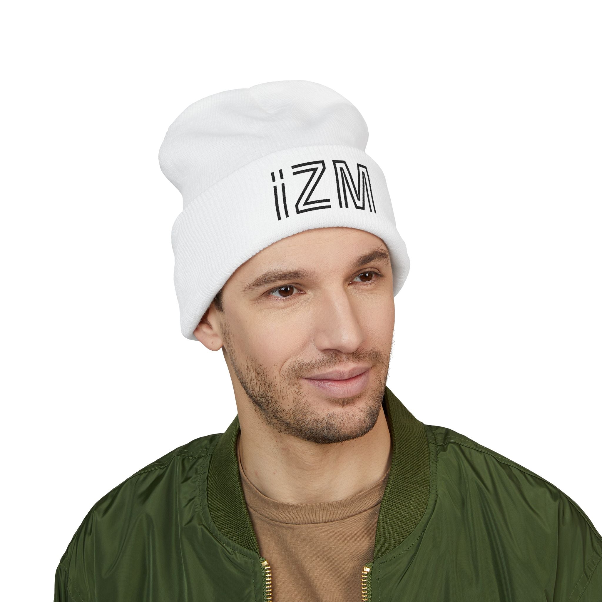 Embroidered "iZM" Cuffed Beanie — Classic Knit Winter Hat