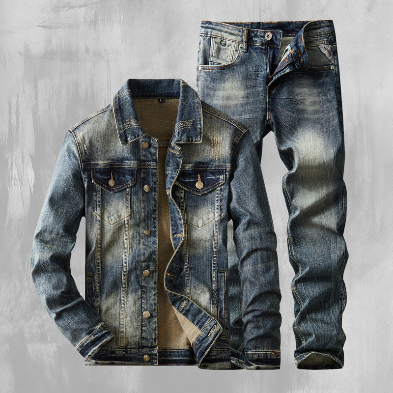 A high-end stretch denim suit for men