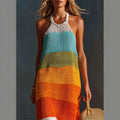 Wide-striped patchwork round-neck sleeveless knitted fitted long dress