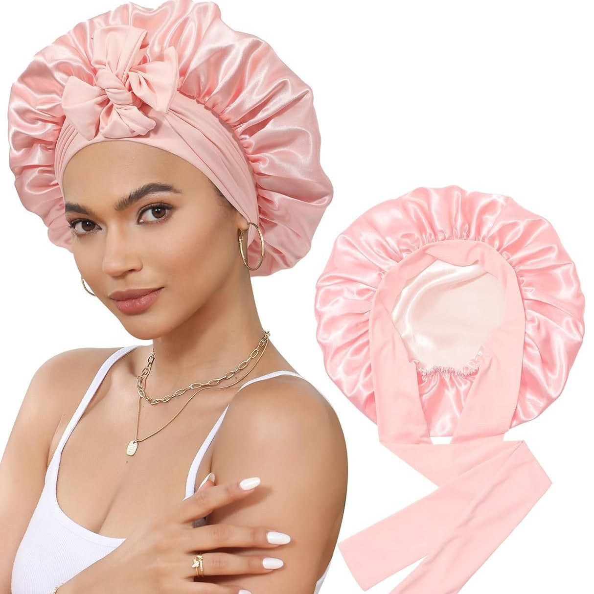 Double-Layer Satin Sleep Cap with Ribbon