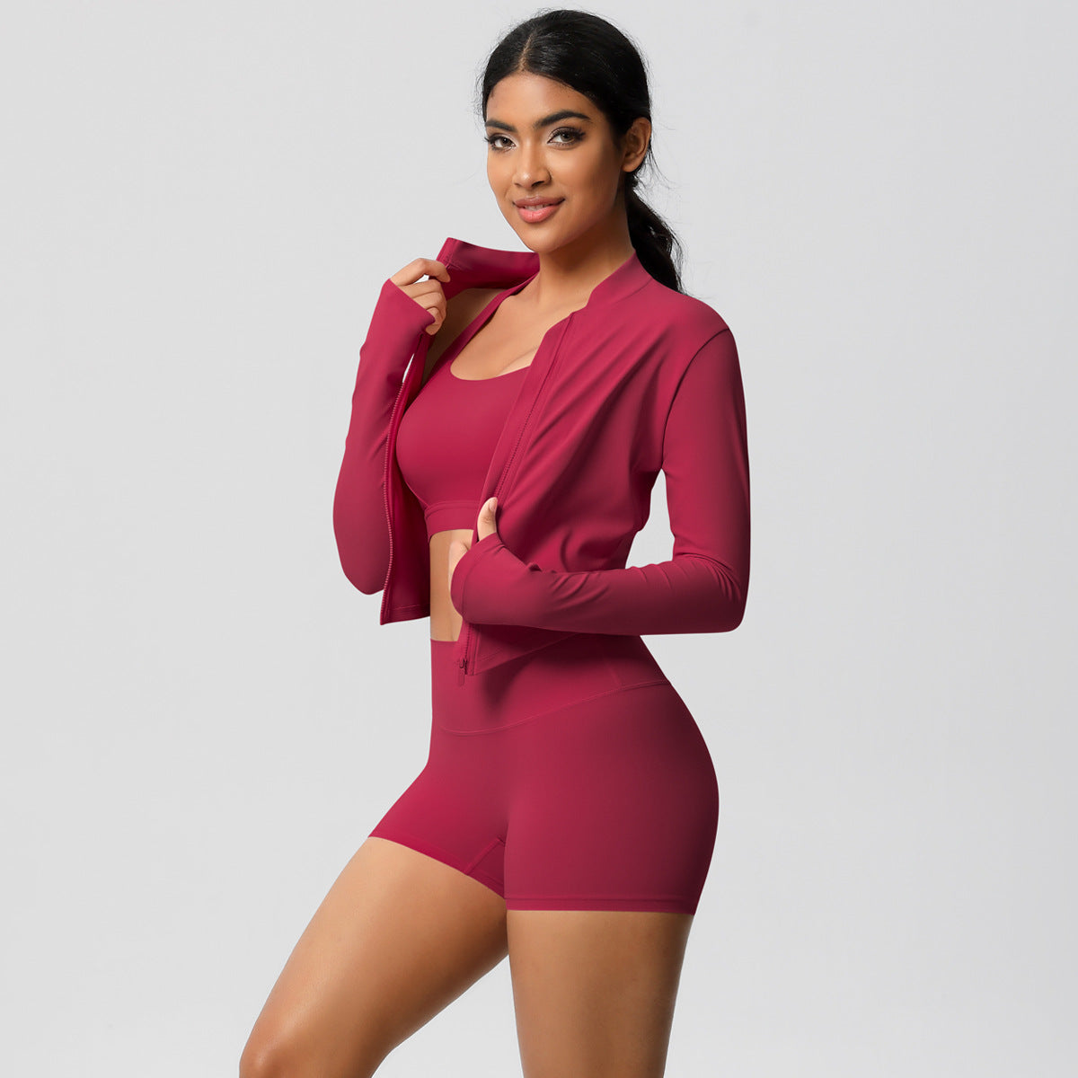 A three-piece yoga suit for women