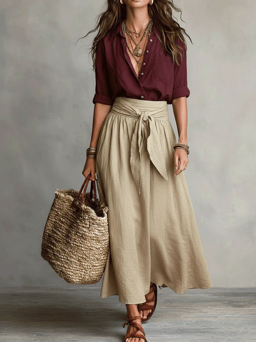 Womens Color-Block Casual Blouse and Skirt Two-Piece Set