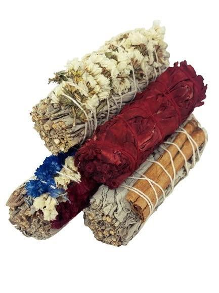 Bholi Sage Plus Sage Smudge Kit for Cleansing Negative Energy and Cleansing House Sinuata Dragon Blood Cinnamon and Triple Flower sage Smudge Sticks with White Sage California sage Sticks Pack of 4