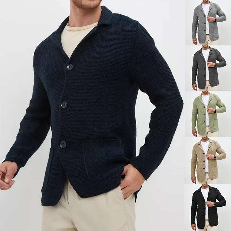Men Lapel Knit Cardigan Sweater Slim Fit Winter Long Sleeve