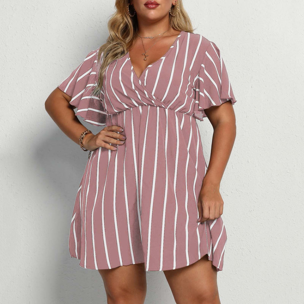Womens Bohemian Striped V-Neck Short Sleeve Dress