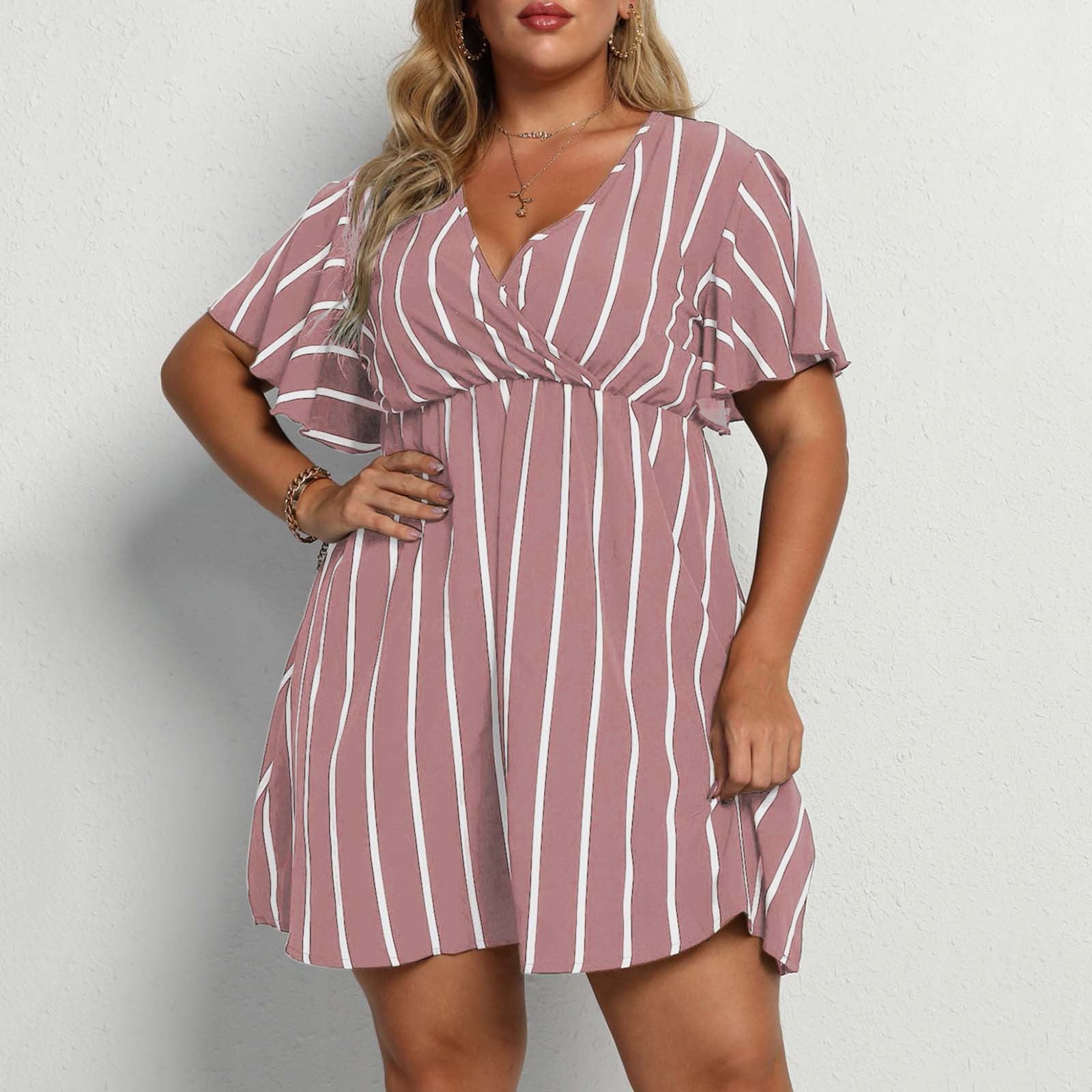 Womens Bohemian Striped V-Neck Short Sleeve Dress