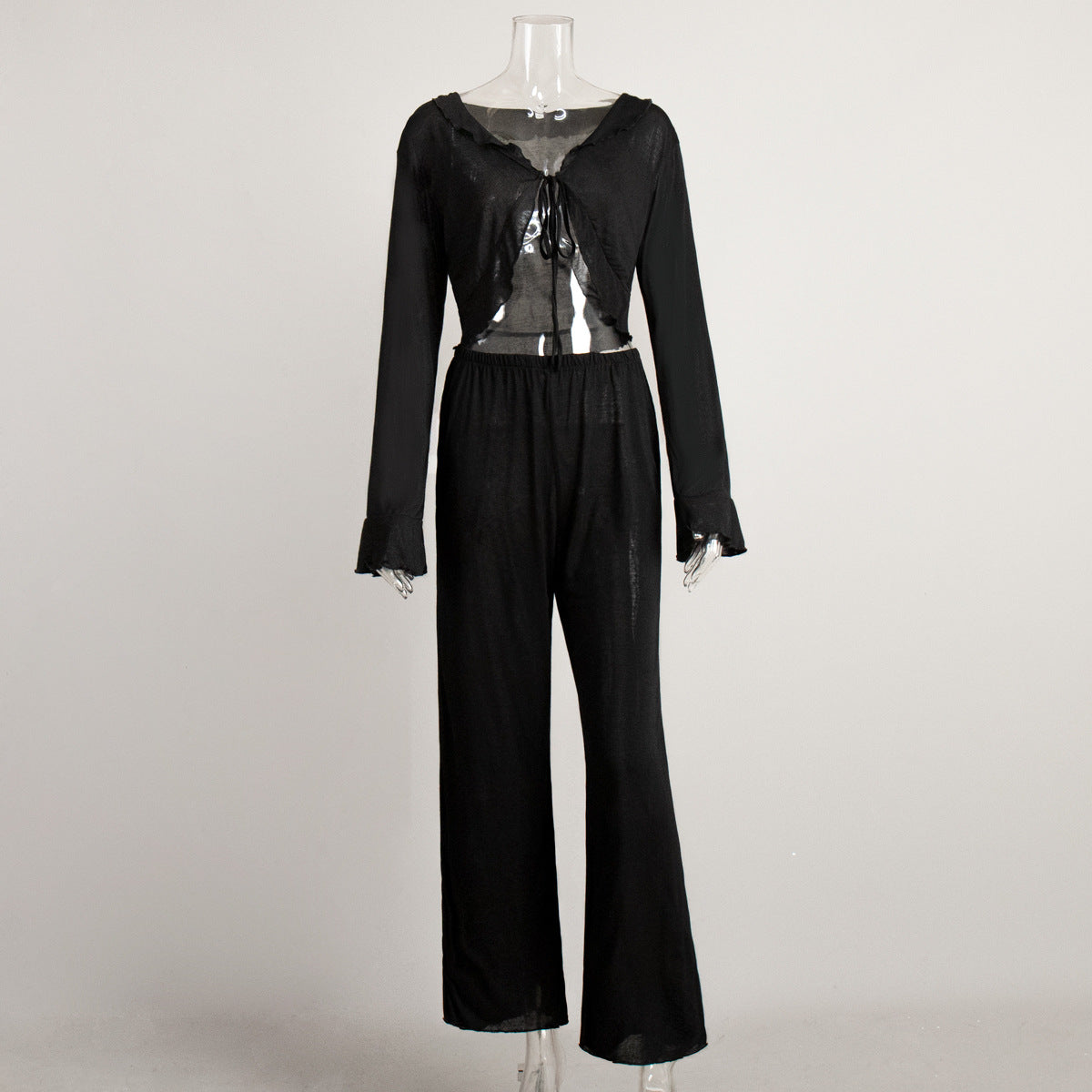 Tie-front long-sleeved long-pants pajamas