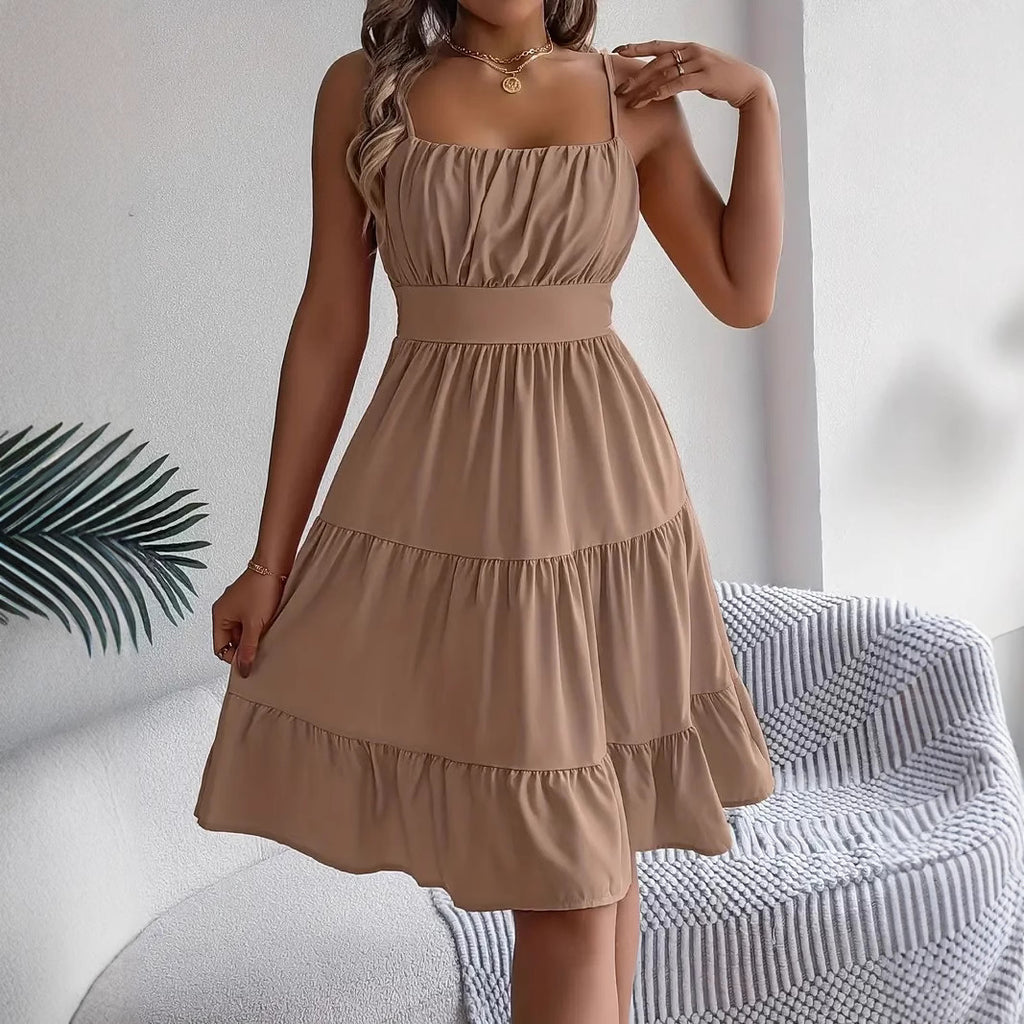 Womens Sleeveless Square Neck Pleated Dress