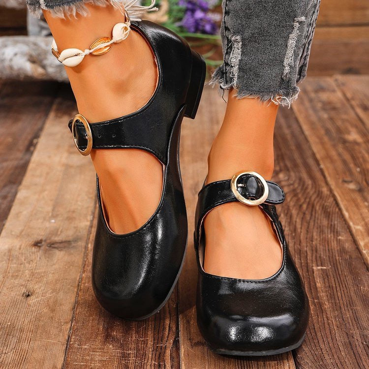 Retro round-toe leather low-heeled soft-soled Mary Jane shoes