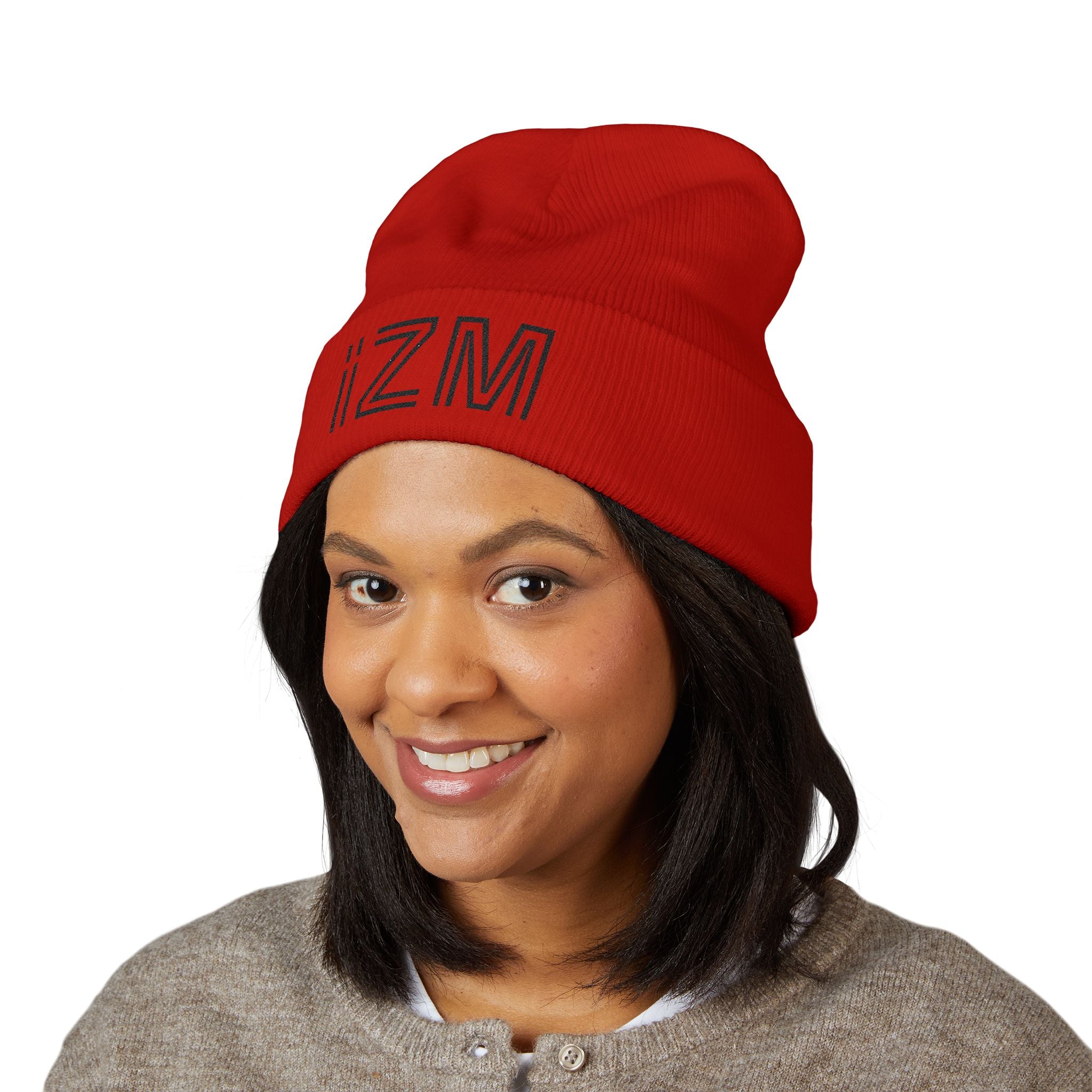 Embroidered "iZM" Cuffed Beanie — Classic Knit Winter Hat
