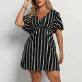 Womens Bohemian Striped V-Neck Short Sleeve Dress