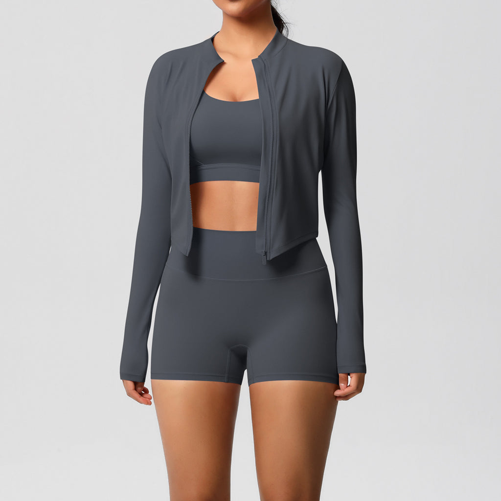 A three-piece yoga suit for women