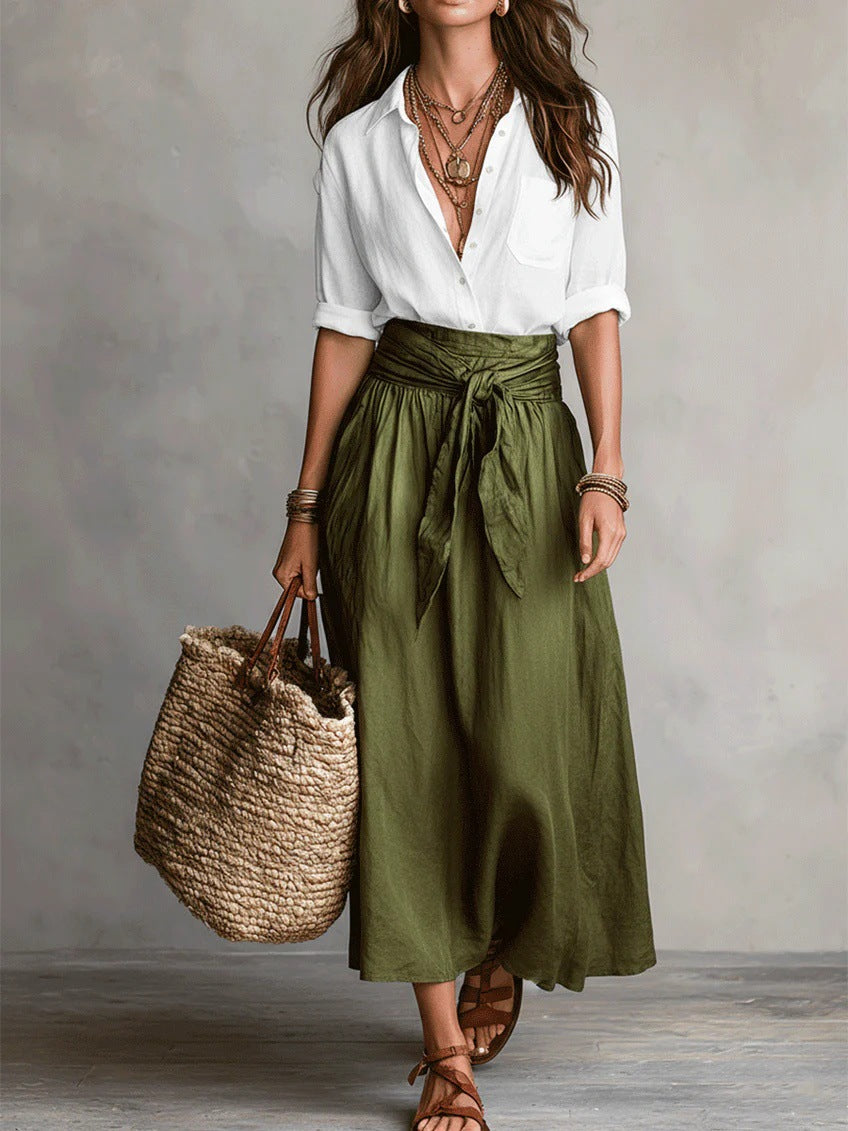 Womens Color-Block Casual Blouse and Skirt Two-Piece Set