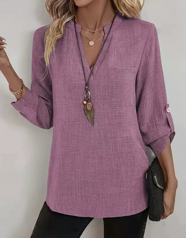 Womens V-neck Linen Blend Shirt