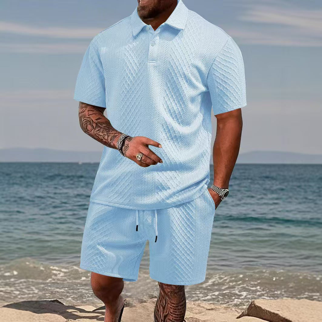 Mens Jacquard Lapel Polo Shirt Shorts Set