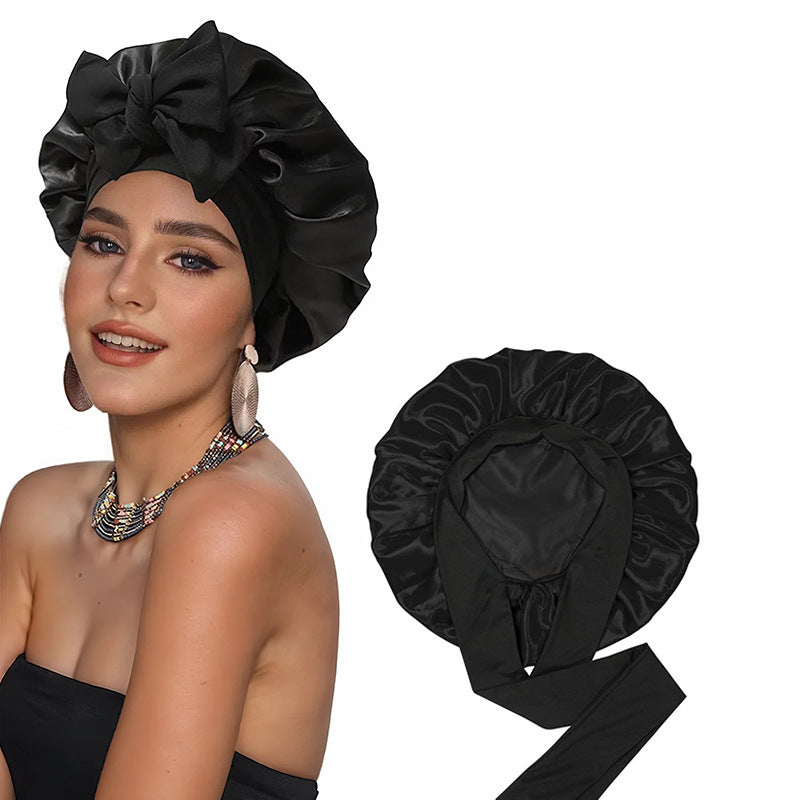 Double-Layer Satin Sleep Cap with Ribbon