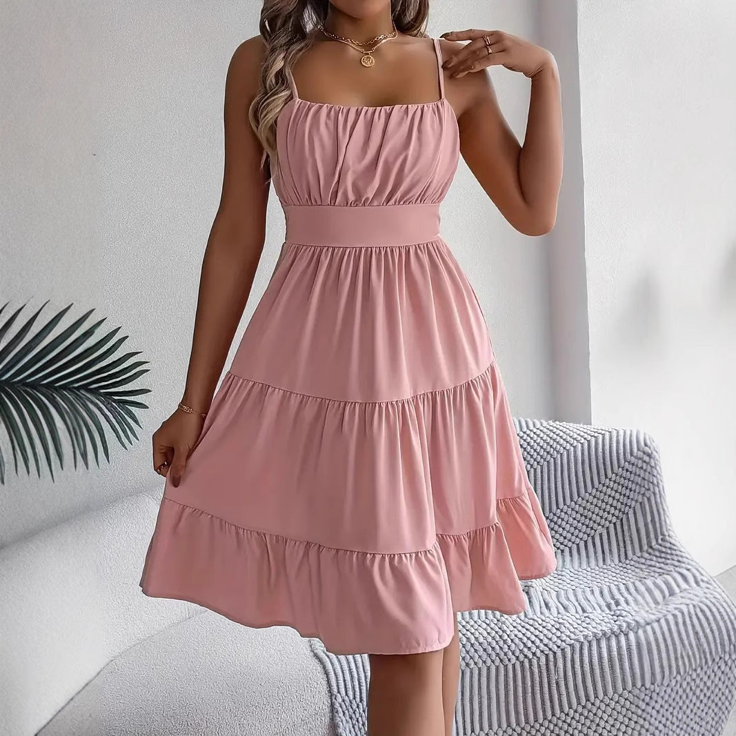 Womens Sleeveless Square Neck Pleated Dress