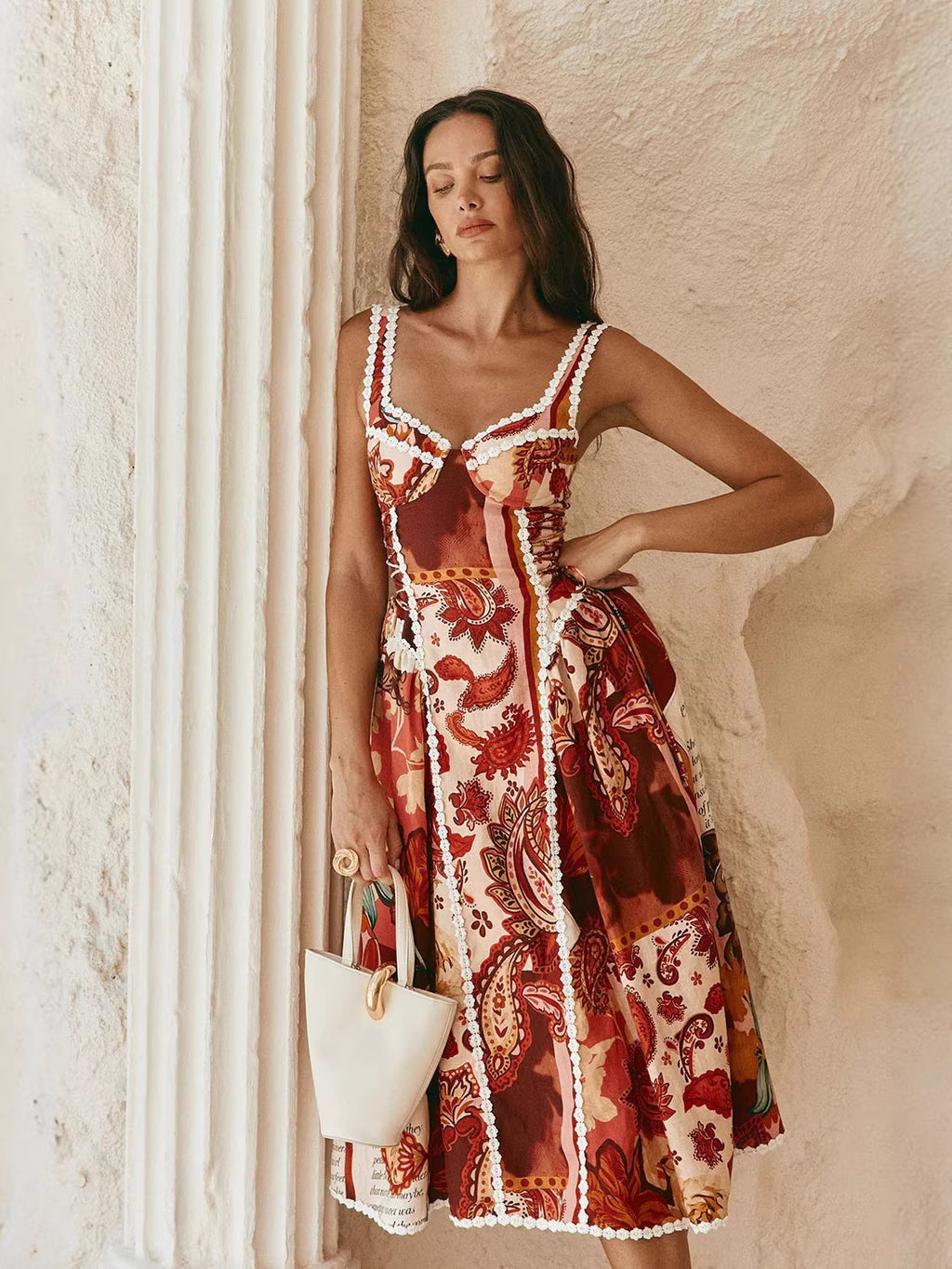 Hemp Blend Patchwork Dress with Spaghetti Straps