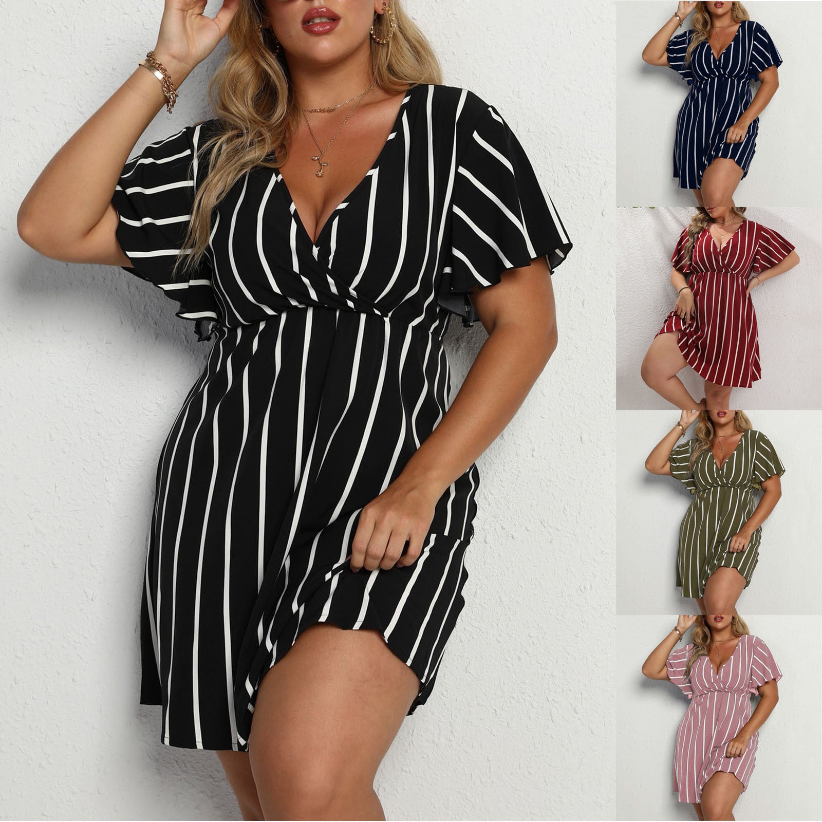 Womens Bohemian Striped V-Neck Short Sleeve Dress