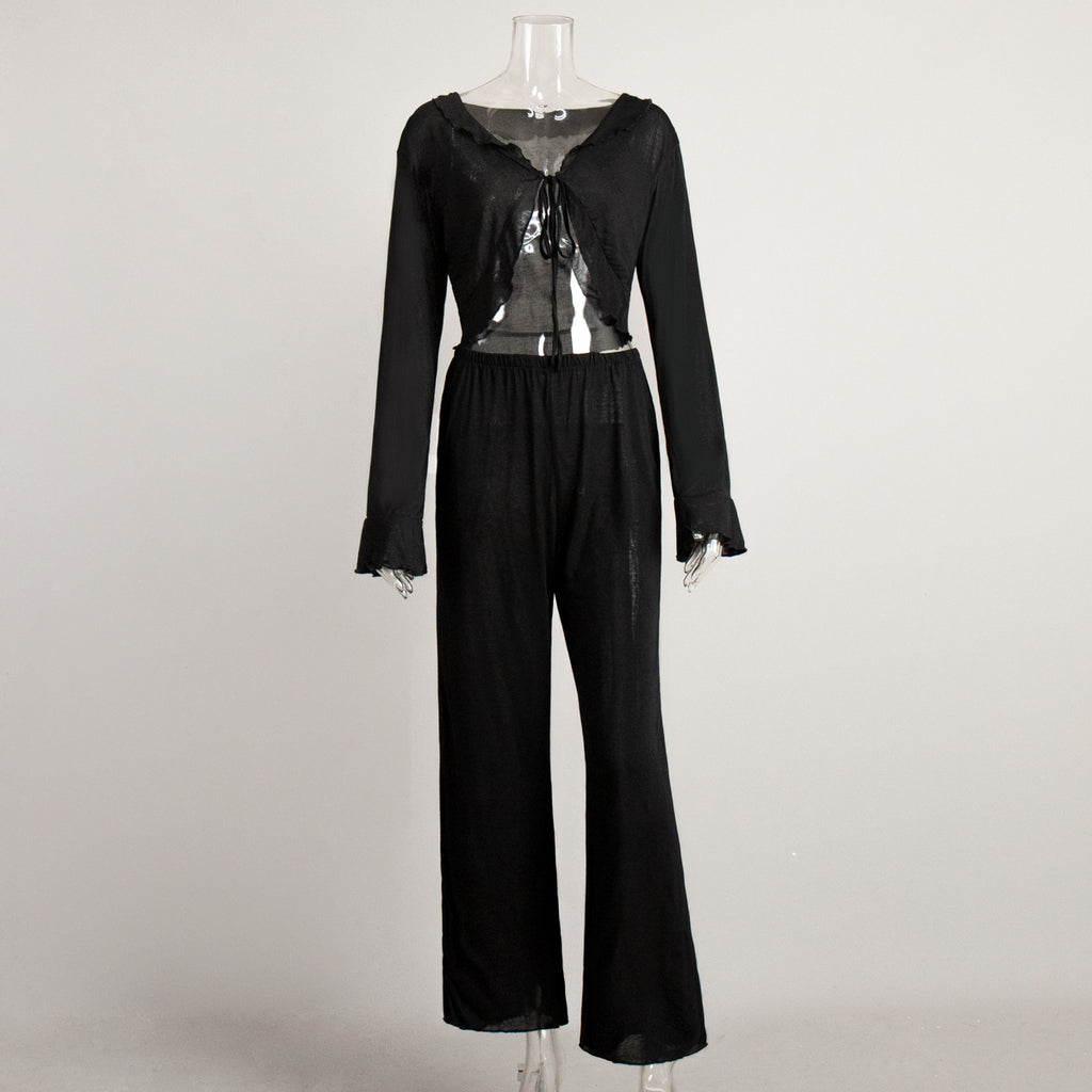 Tie-front long-sleeved long-pants pajamas