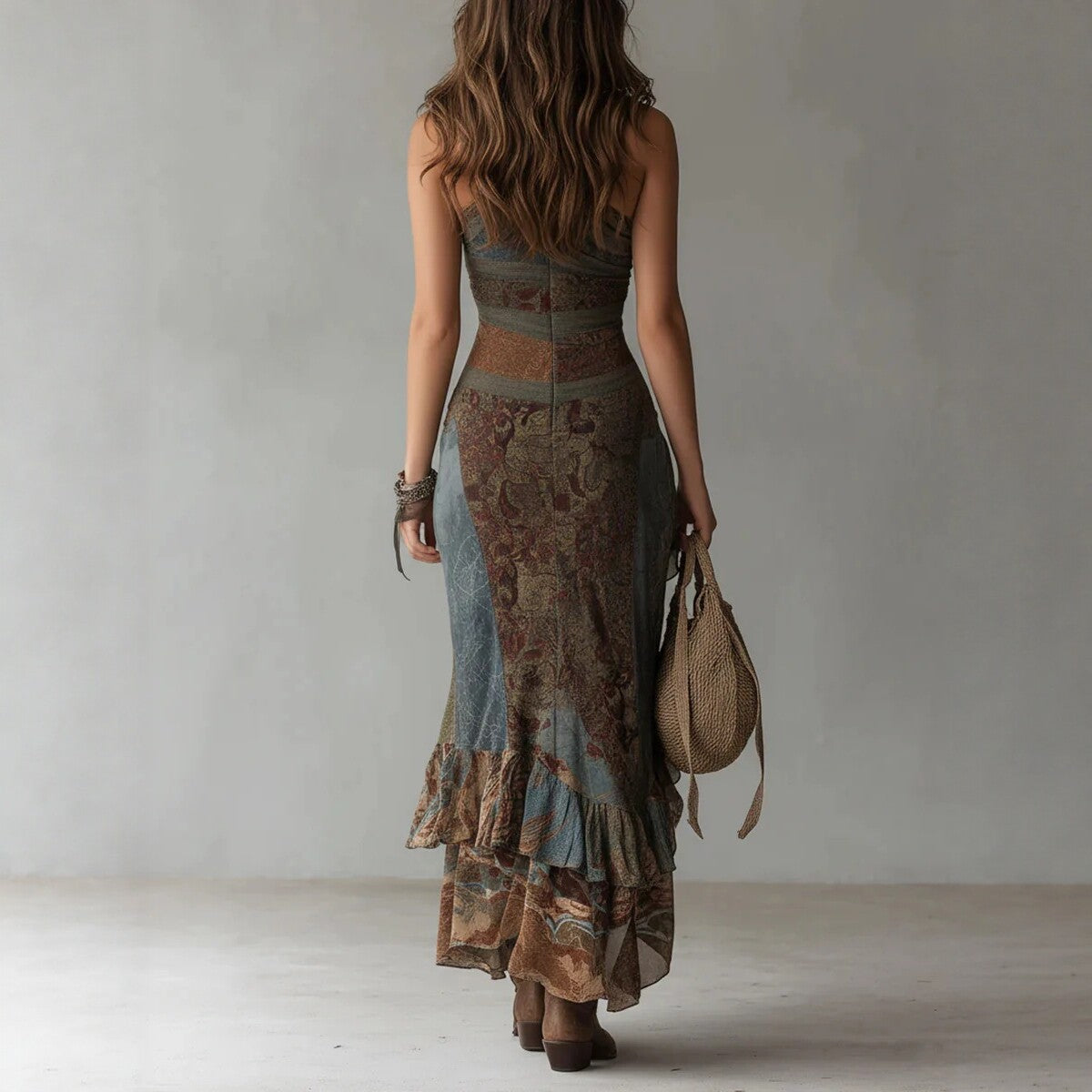 Retro Abstract Print Spliced Long Dress